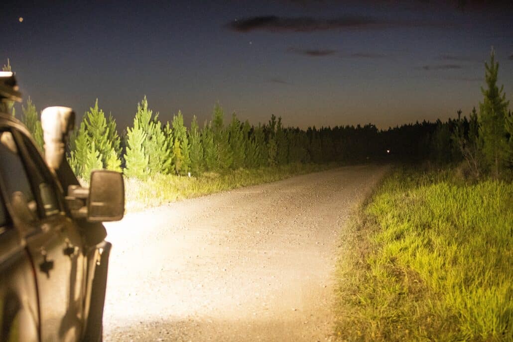 Driving lights on rural road at night 