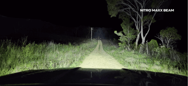 An image showing the beam spread and distance on a dirt track of the Ultra Vision Nitro Maxx 105W Light Bars
